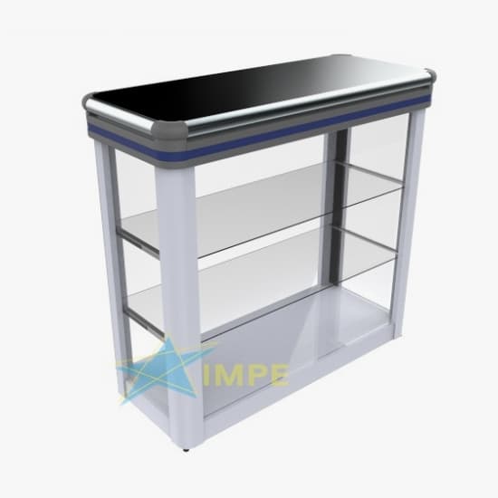 Balcão Vitrine Luxo - 100cm - Tampo em Aço - Prateleira em Vidro