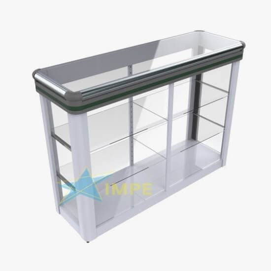 Balcão Vitrine Luxo - 130cm - Tampo em Vidro - Prateleira em Vidro