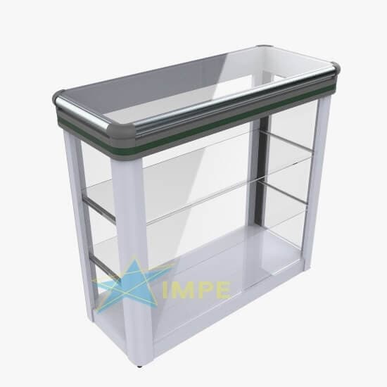Balcão Vitrine Luxo - 100cm - Tampo em Vidro - Prateleira em Vidro